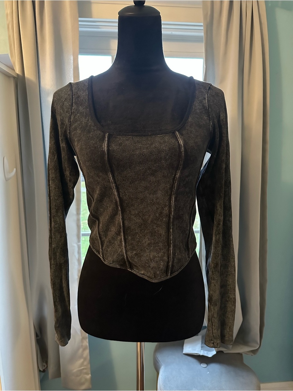 Divided Washed Black Long Sleeve Scoop-Neck Top